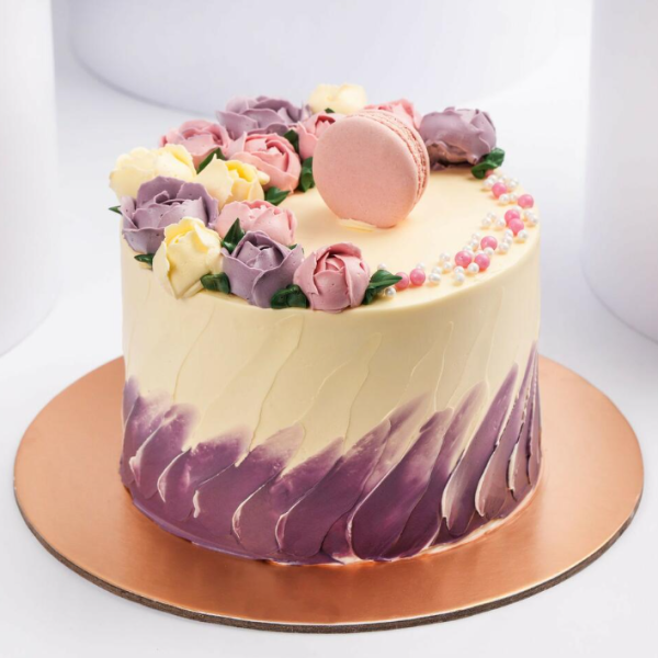 Flowers And Macaroons Chocolate Cake